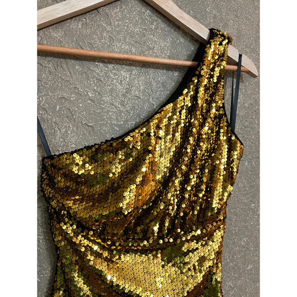 Superdown Belle Gold and Black Sequin One Shoulder Mini Dress XXS - Picture 4 of 10